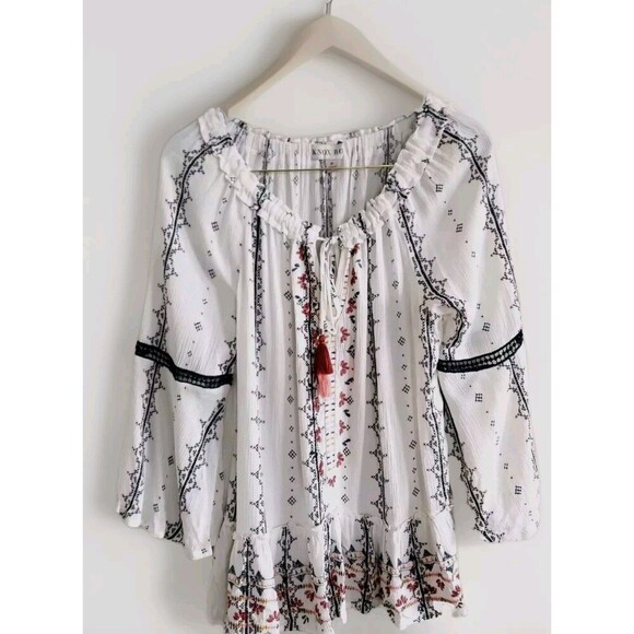 Knox Rose Peasant Top Women's Medium White Floral Boho Tassels Bell Sleeve - Picture 1 of 9